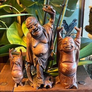 Set of Three Vintage Wood Carved Buddha Statues